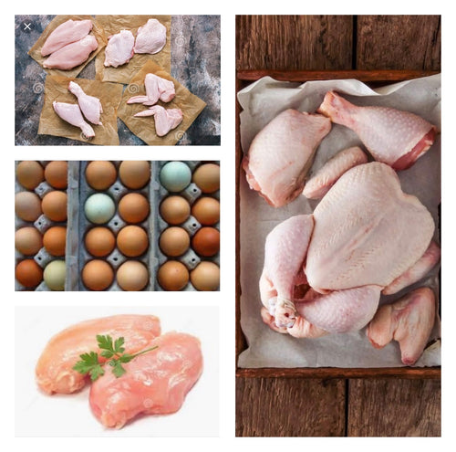Chicken Bundle: 2 whole chickens cut-ups, (3.5-4.5#), 2 dozen eggs