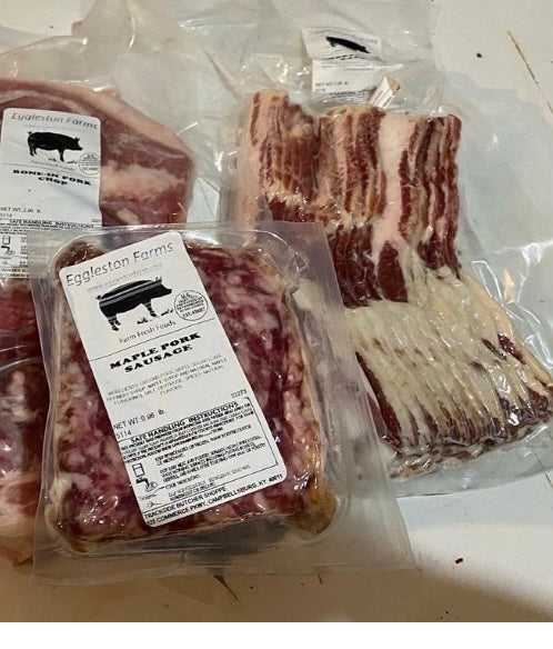 Breakfast Bundle: 1 dozen eggs, Cured Bacon 1# pkt and 1lb breakfast sausage